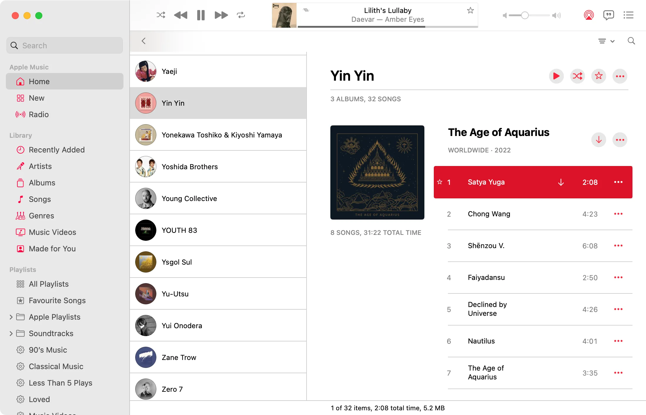 Thư viện cá nhân của nghệ sĩ Yin Yin trong ứng dụng Apple Music trên MacBook, chỉ hiển thị album đã thêm