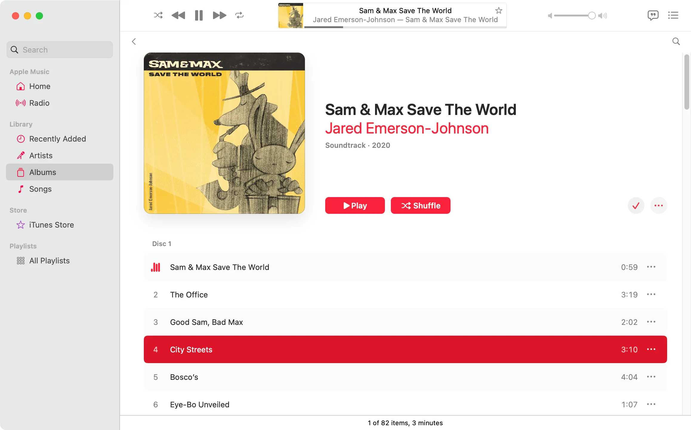 Thư viện nhạc cá nhân trong ứng dụng Apple Music, hiển thị soundtrack game Sam &amp; Max, minh họa việc quản lý thư viện nhạc cục bộ.