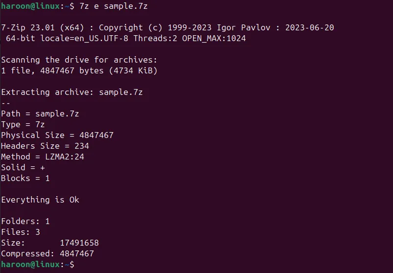 Thực hiện lệnh giải nén định dạng 7z trong terminal Ubuntu với công cụ p7zip