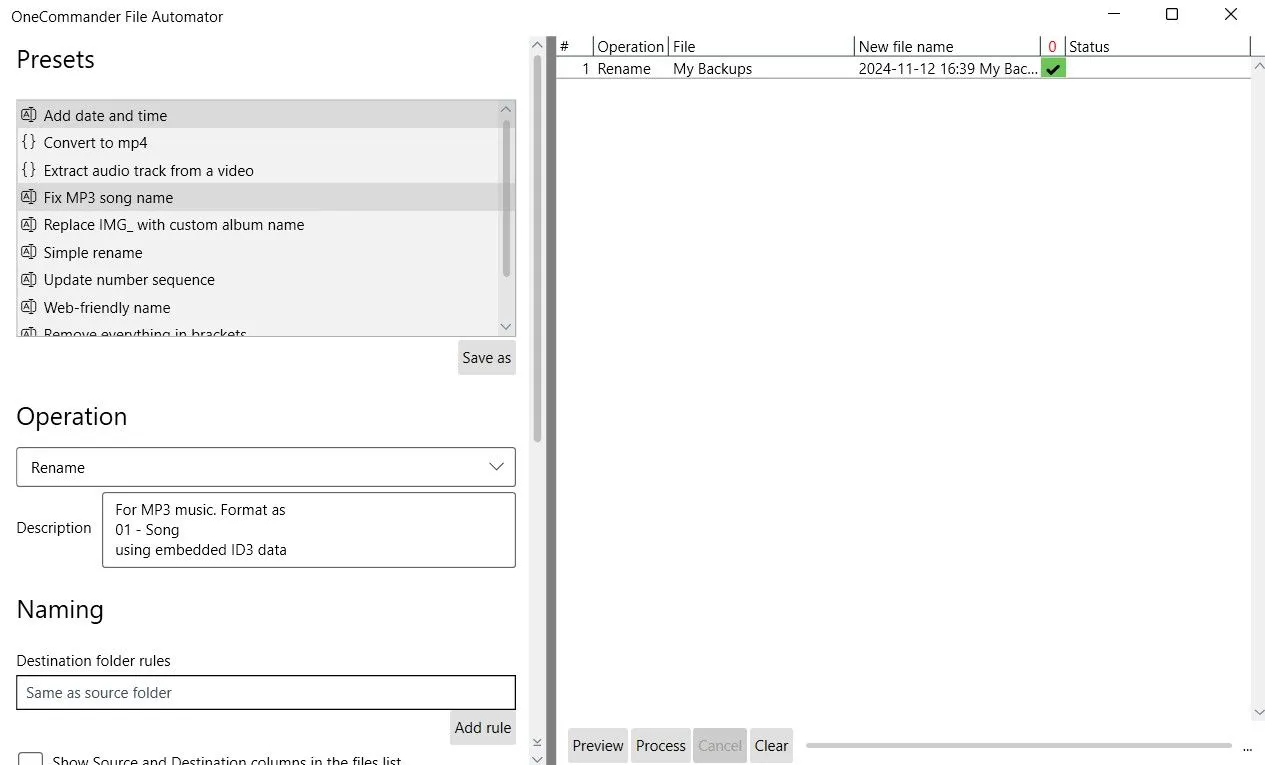 Tính năng File Automator của OneCommander với các tùy chọn preset để tự động hóa quản lý tệp