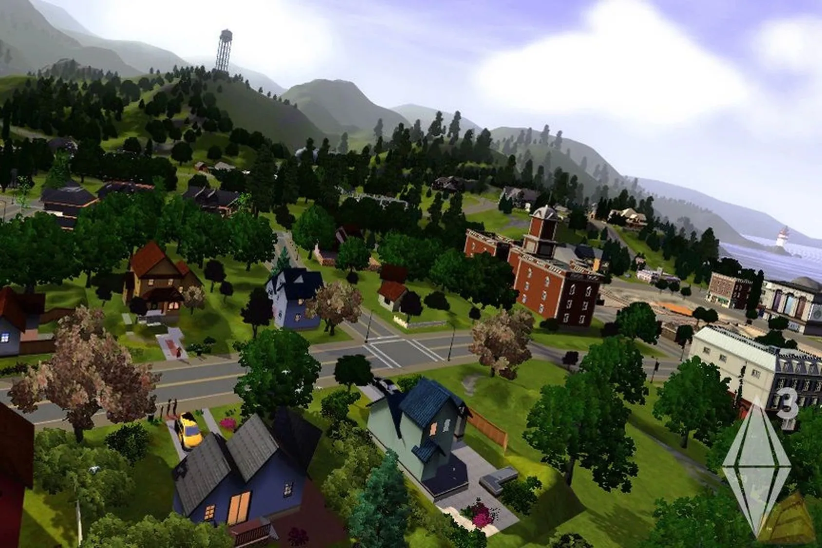 Toàn cảnh thị trấn Sunset Valley trong The Sims 3, minh họa tính năng thế giới mở rộng lớn không cần màn hình tải.