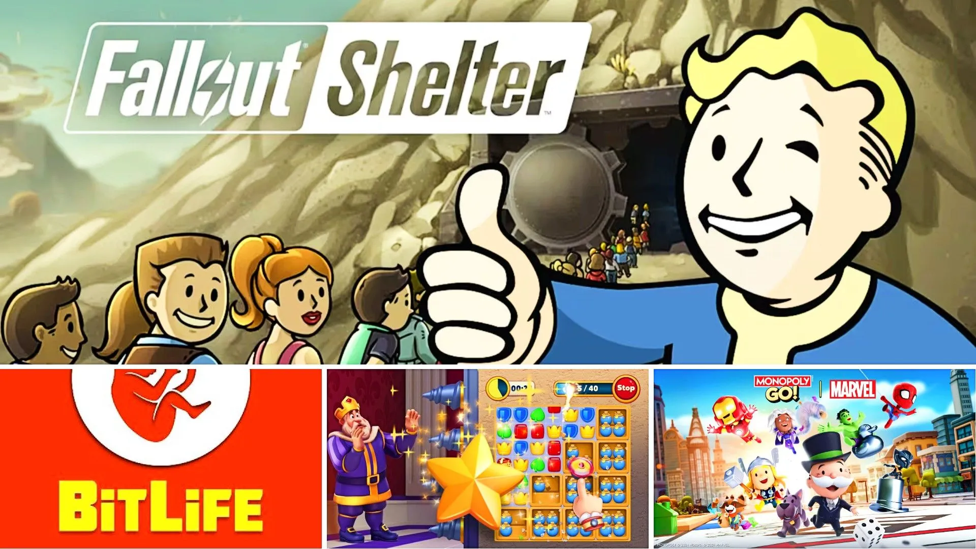 Tổng hợp các biểu tượng và nhân vật từ các game di động phổ biến như Fallout Shelter, Bitlife, Royal Match và Monopoly Go, minh họa cho hệ thống giao dịch vi mô