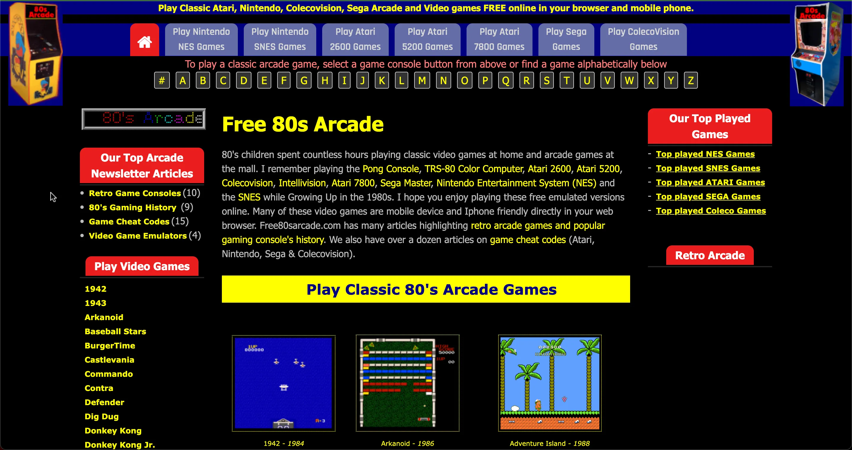 Trang chủ của website Free 80s Arcade với các tựa game thùng thập niên 80 nổi bật.