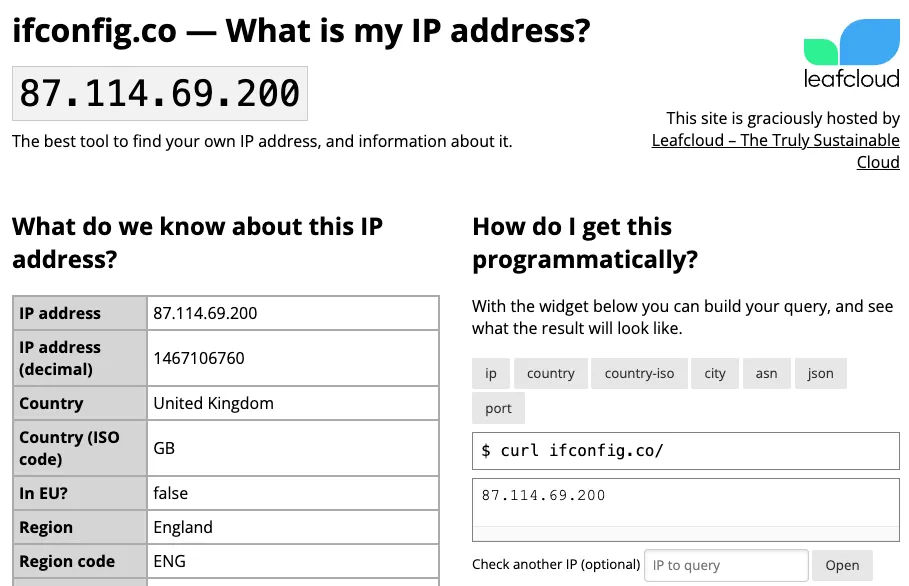 Trang chủ ifconfig.co hiển thị trong trình duyệt web với thông tin chi tiết về địa chỉ IP công cộng, quốc gia và khu vực của người dùng.