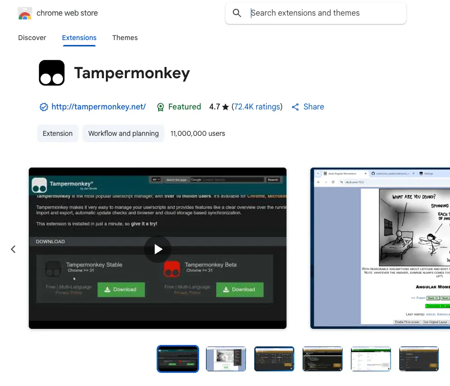 Trang tiện ích mở rộng Tampermonkey trên Chrome Web Store, minh họa quá trình tìm kiếm và cài đặt công cụ tùy chỉnh script.