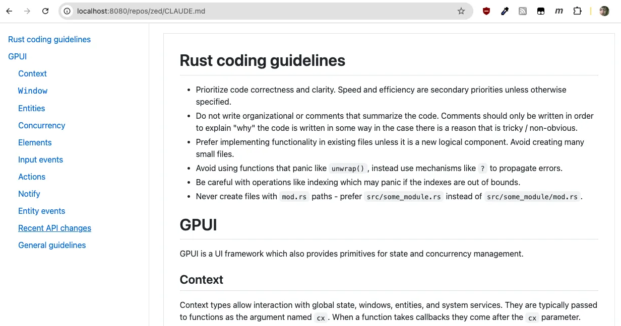 Trang web hiển thị tài liệu Markdown với định dạng đẹp mắt ngay trong trình duyệt.