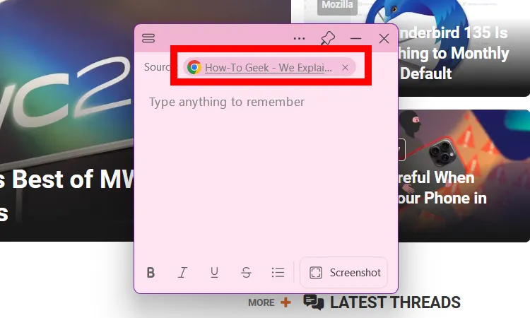Tự động ghi lại nguồn từ trình duyệt trong Sticky Notes trên Windows 11