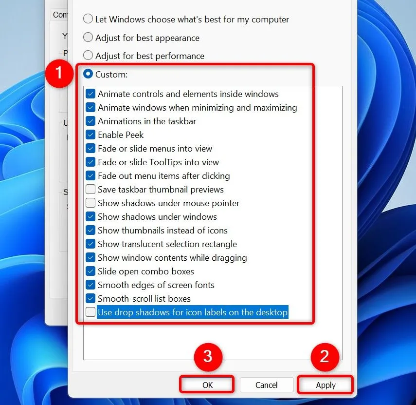 Tùy chỉnh các hiệu ứng hình ảnh Windows 11 để tối ưu hiệu suất theo ý muốn.