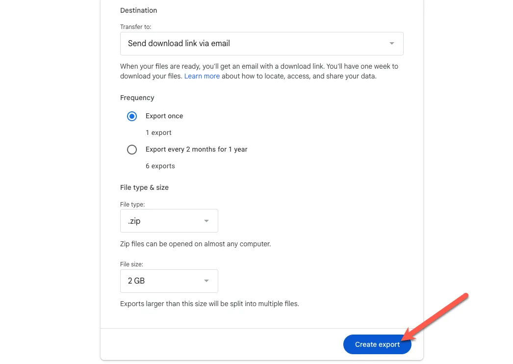 Tùy chỉnh các tùy chọn xuất dữ liệu trong Google Takeout, đảm bảo chọn định dạng .zip.