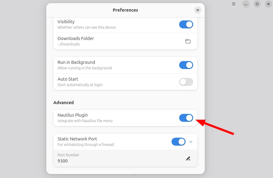 Tùy chọn bật tích hợp Nautilus trong menu Cài đặt của Packet trên Linux, giúp chia sẻ file nhanh chóng.