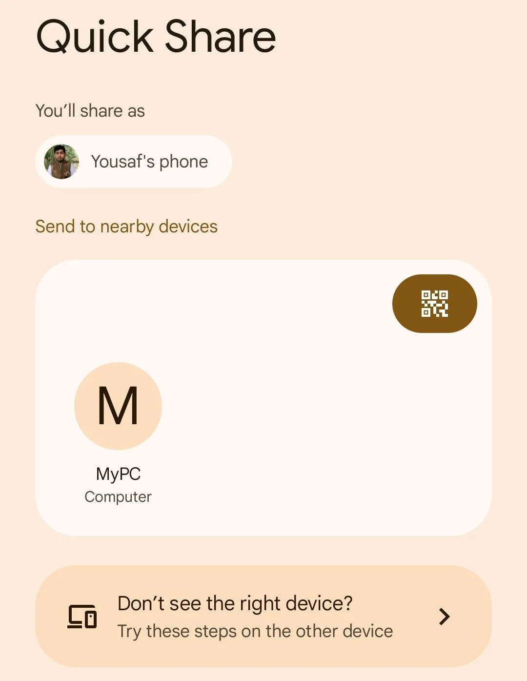 Tùy chọn Chia sẻ nhanh (Quick Share) trên Android, hiển thị thiết bị Linux làm đích đến để gửi file.
