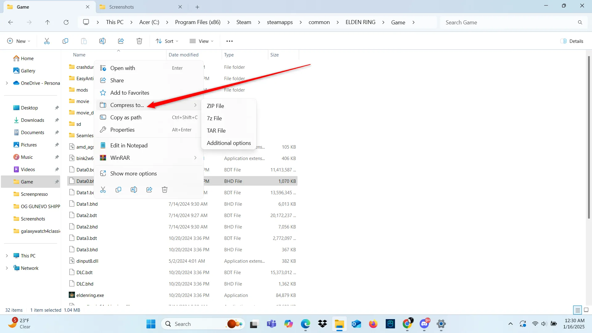 Tùy chọn 'Compress To' trong menu chuột phải File Explorer Windows 11, cho phép tạo tệp nén ZIP, 7z, TAR.