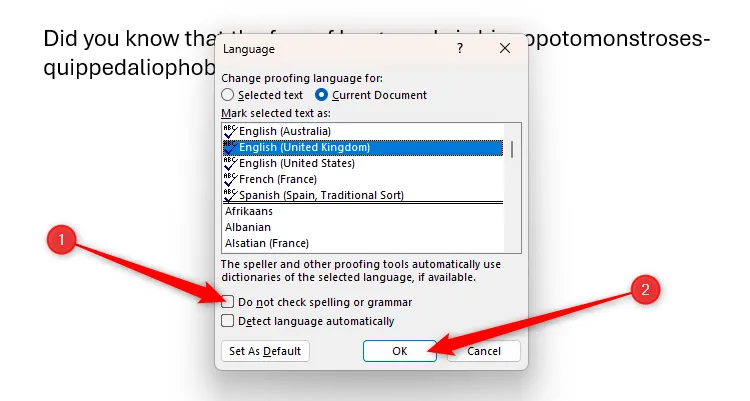 Tùy chọn &quot;Do Not Check Spelling Or Grammar&quot; được bỏ chọn trong hộp thoại Ngôn ngữ (Language) của Microsoft Word để bật kiểm tra chính tả và gạch nối tự động