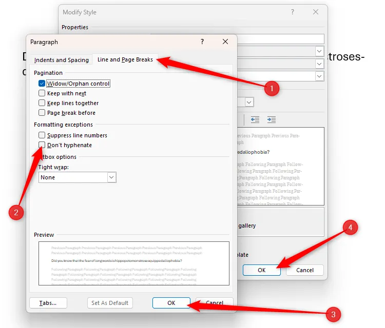 Tùy chọn &quot;Don't Hyphenate&quot; được bỏ chọn trong hộp thoại Đoạn văn của kiểu (Style) trong Microsoft Word, cho phép gạch nối tự động cho kiểu đó