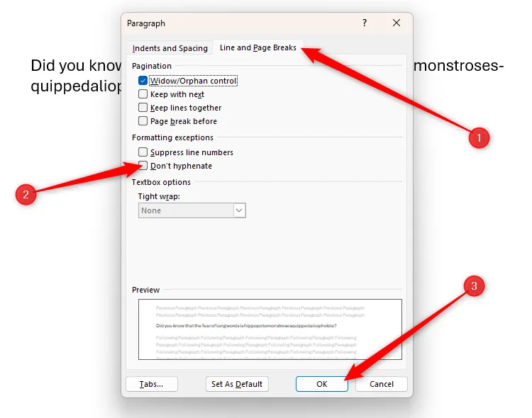 Tùy chọn &quot;Don't Hyphenate&quot; được bỏ chọn trong hộp thoại Đoạn văn của Microsoft Word, cho phép gạch nối tự động hoạt động trở lại