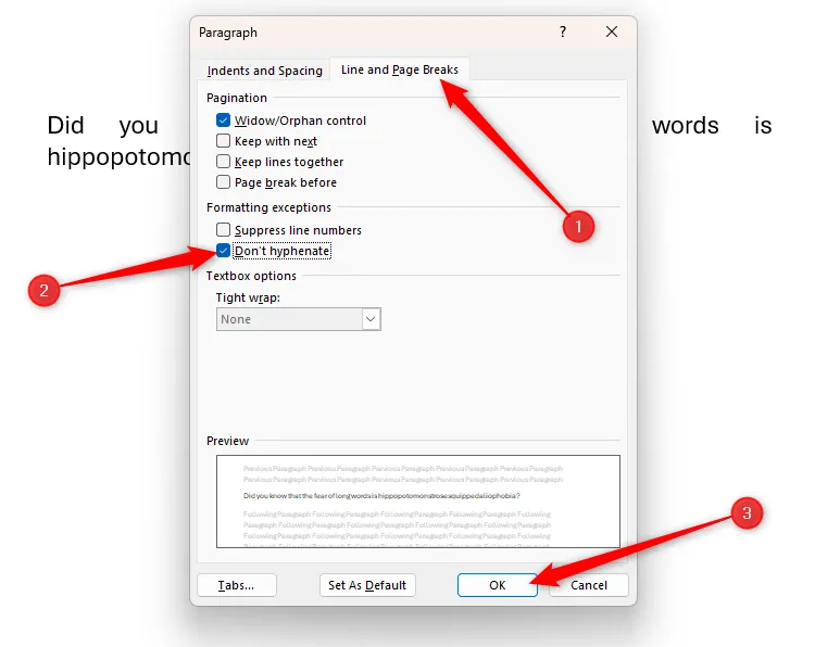 Tùy chọn &quot;Don't Hyphenate&quot; được chọn trong hộp thoại Đoạn văn của Microsoft Word để tắt gạch nối cho đoạn cụ thể