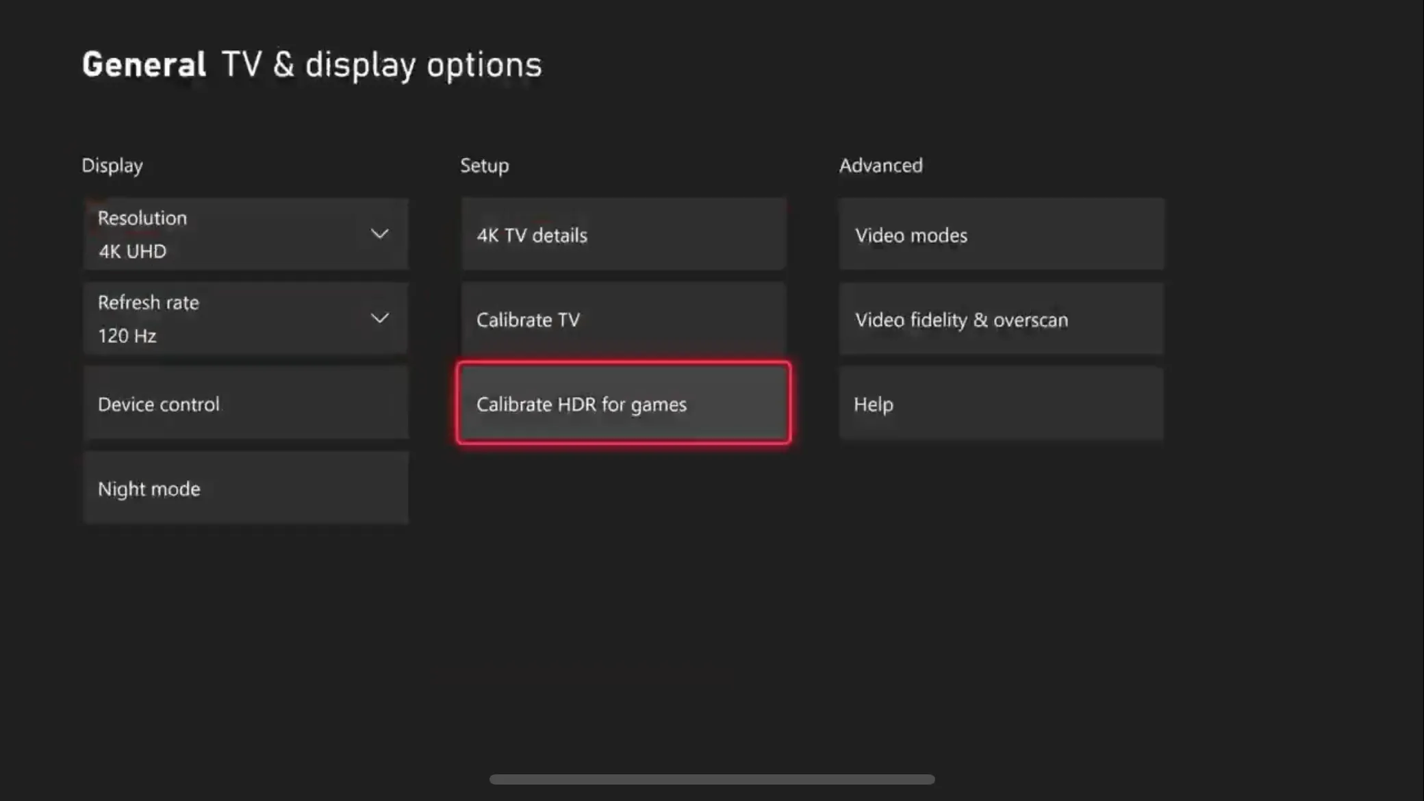 Tùy chọn hiệu chỉnh HDR cho game trong cài đặt hiển thị của Xbox.