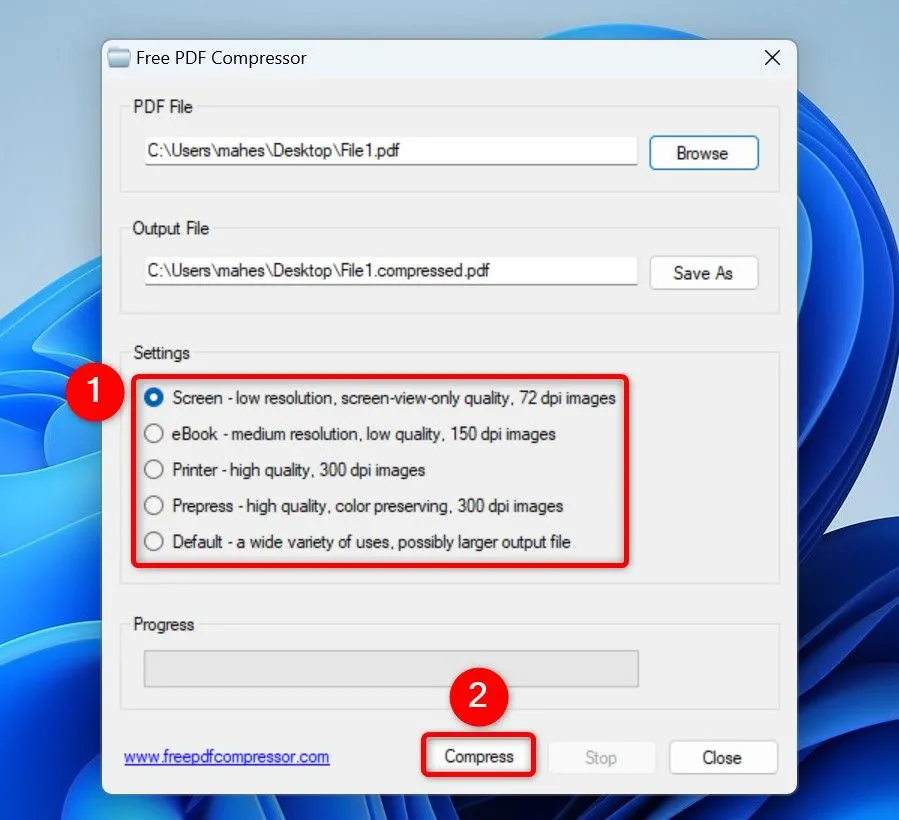 Tùy chọn mức độ nén Screen, eBook, Printer, Prepress, Default trong Free PDF Compressor
