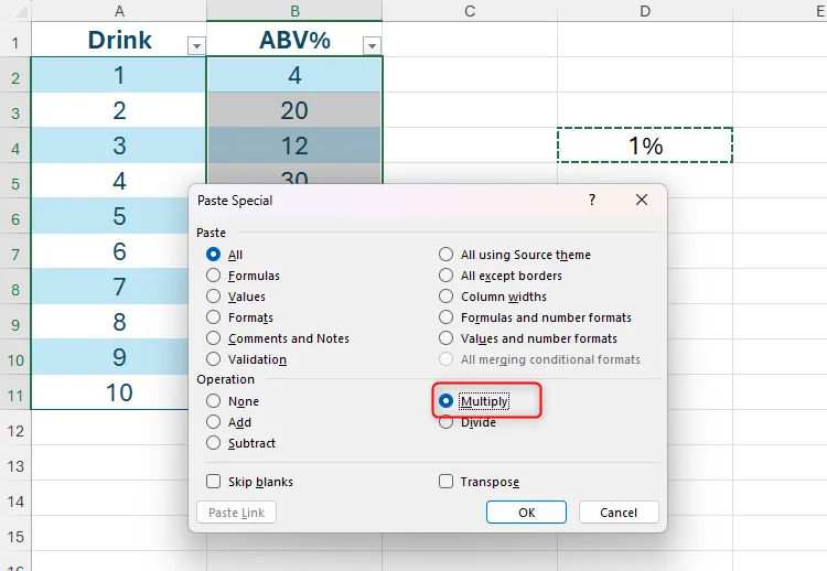 Tùy chọn Multiply được chọn trong hộp thoại Paste Special của Excel, dùng để nhân giá trị