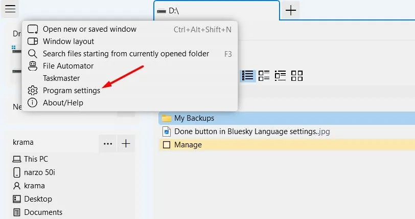 Tùy chọn Program Settings trong OneCommander, nơi người dùng có thể điều chỉnh các cài đặt tùy chỉnh