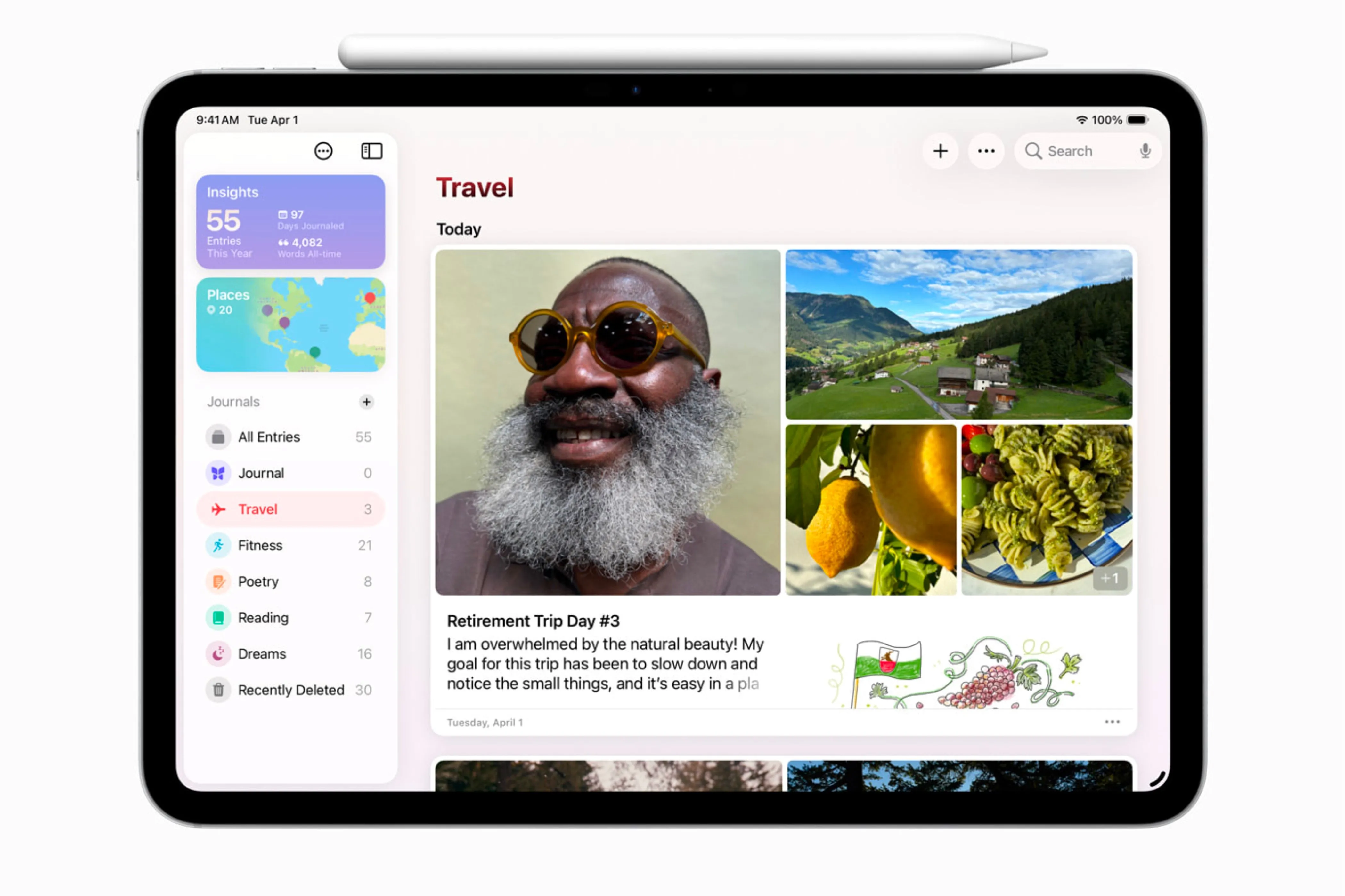 Ứng dụng Journal của Apple hiển thị trên màn hình iPad chạy iPadOS 26, cho thấy giao diện tối ưu trên tablet