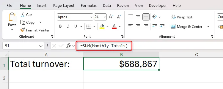 Ví dụ công thức Excel sử dụng vùng đã đặt tên 'Monthly_Totals' để tính tổng