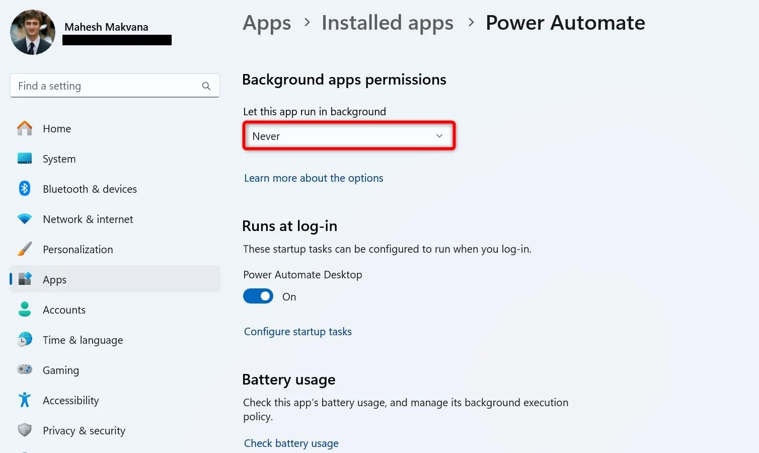 Vô hiệu hóa hoạt động nền của ứng dụng để tiết kiệm pin laptop Windows 11