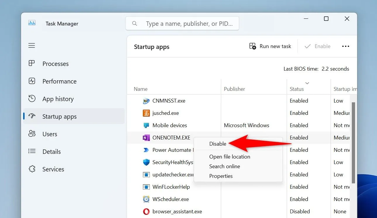 Vô hiệu hóa ứng dụng tự khởi động trong Task Manager giúp tăng tốc độ khởi động Windows 11.