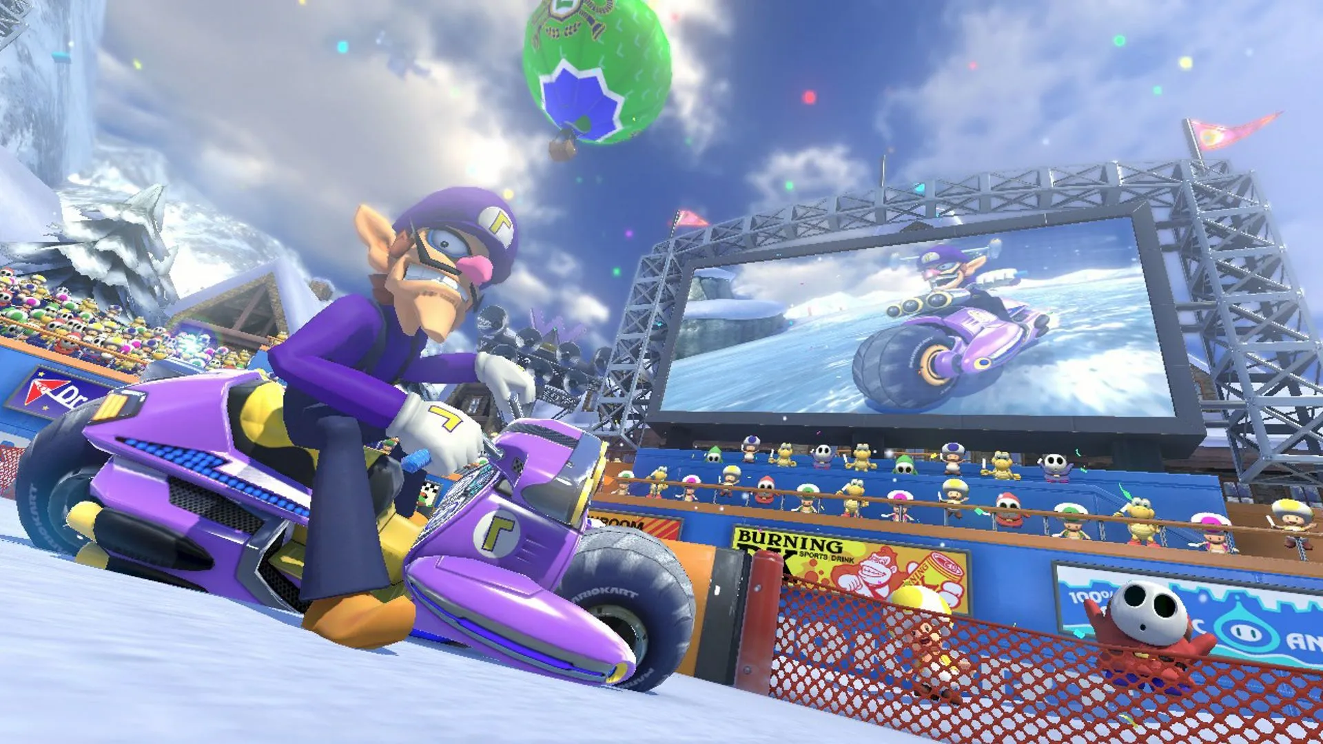 Waluigi ăn mừng chiến thắng trên đỉnh núi Mount Wario trong Mario Kart 8 Deluxe
