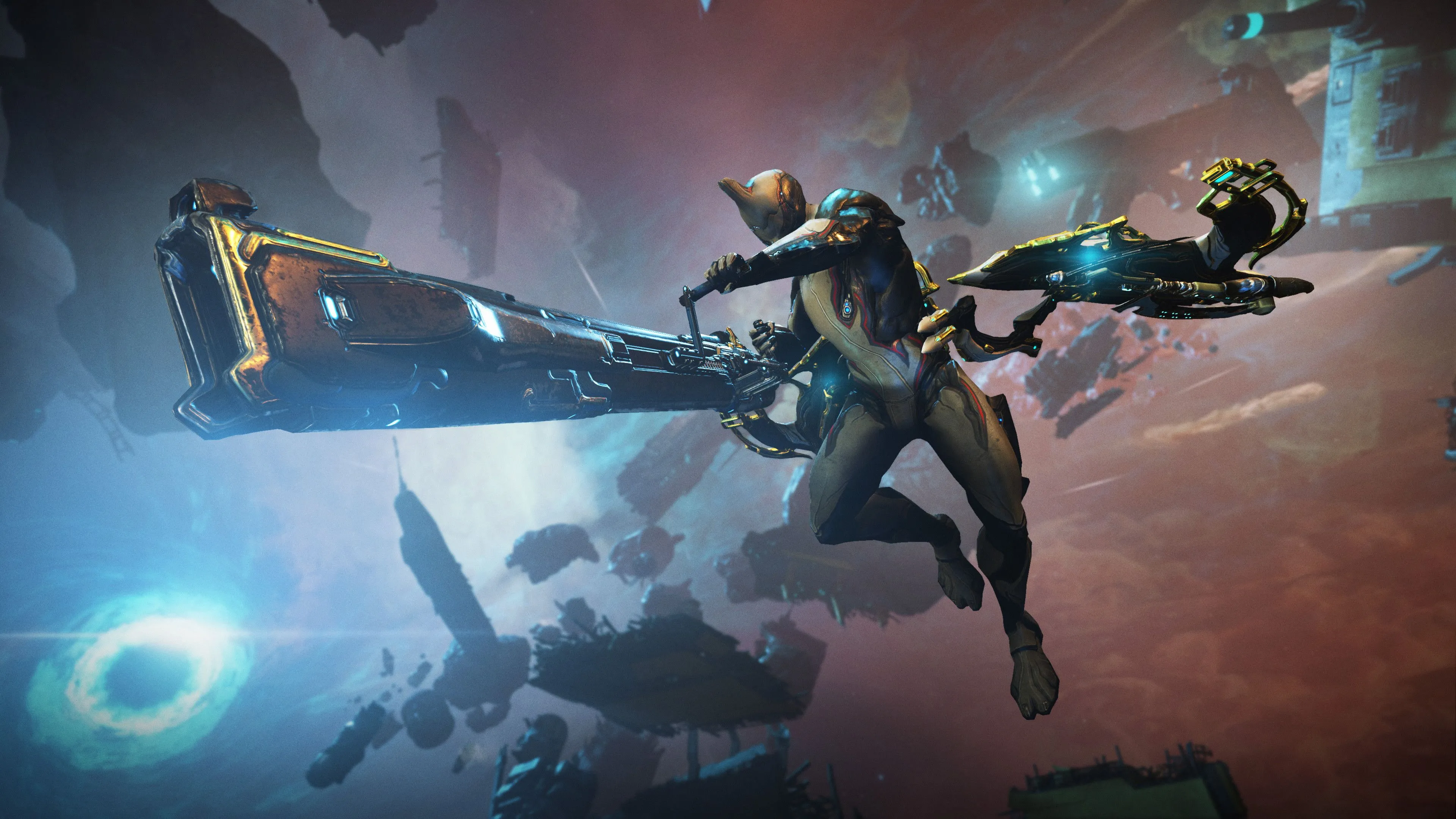 Warframe: Tenno chiến đấu trong khung cảnh khoa học viễn tưởng hoành tráng.