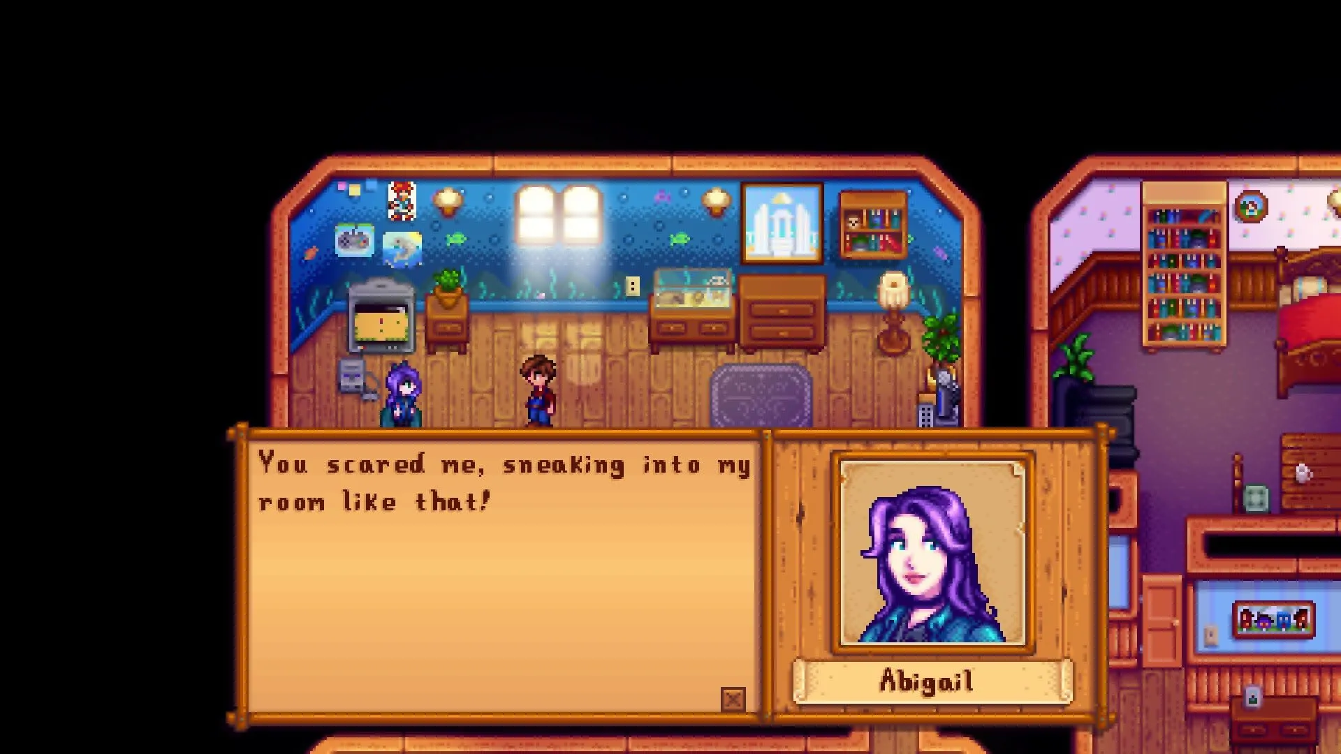 Abigail nói chuyện với người chơi trong Stardew Valley, thể hiện sự tương tác và phát triển mối quan hệ trong game.