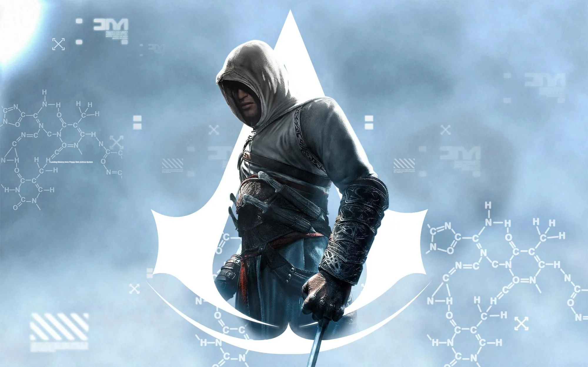 Altaïr Ibn-La'Ahad đứng trên nóc nhà thành phố Masyaf, game Assassin's Creed đầu tiên