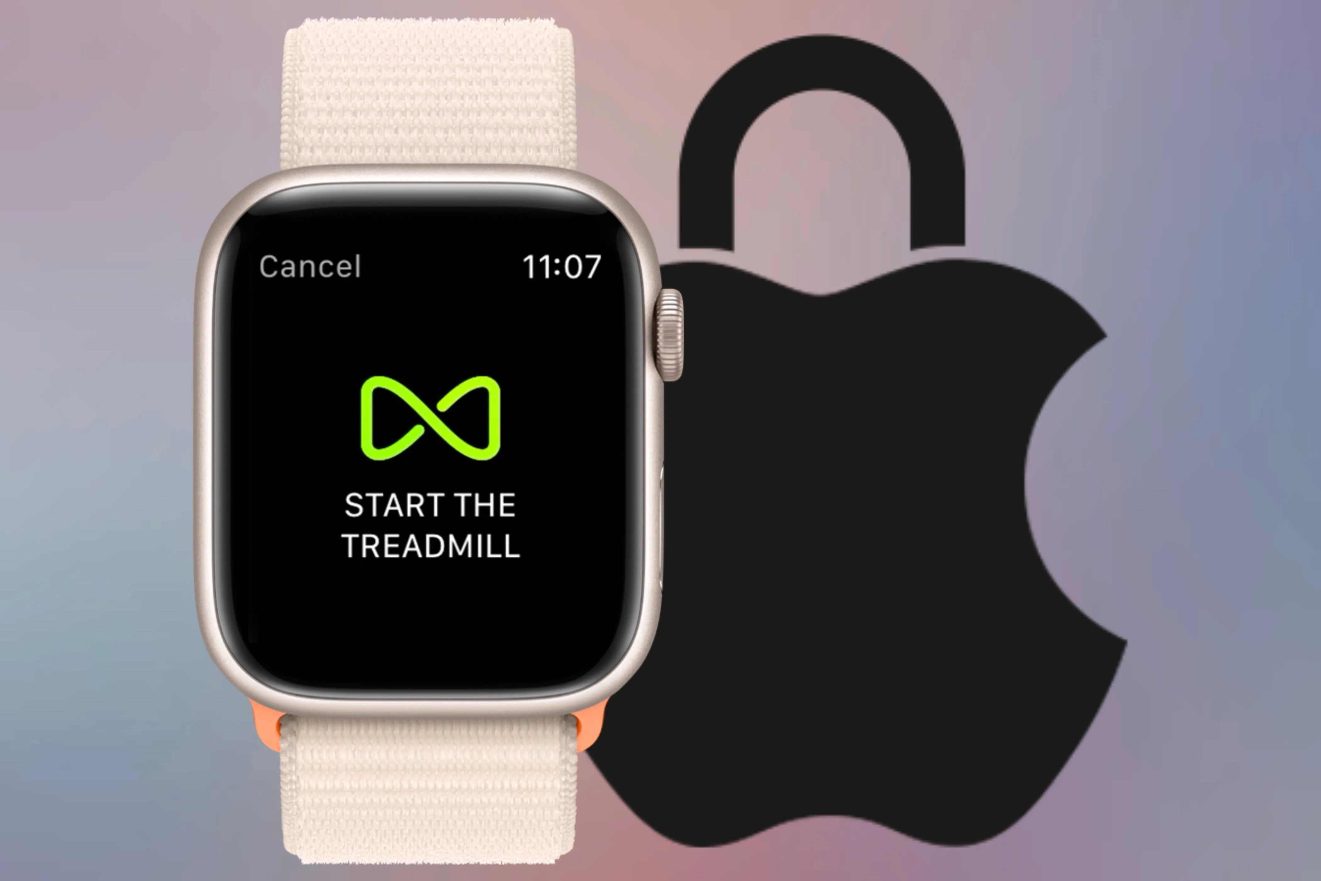 An Apple Watch showcasing a GymKit icon to start a treadmill workout next to Apple
