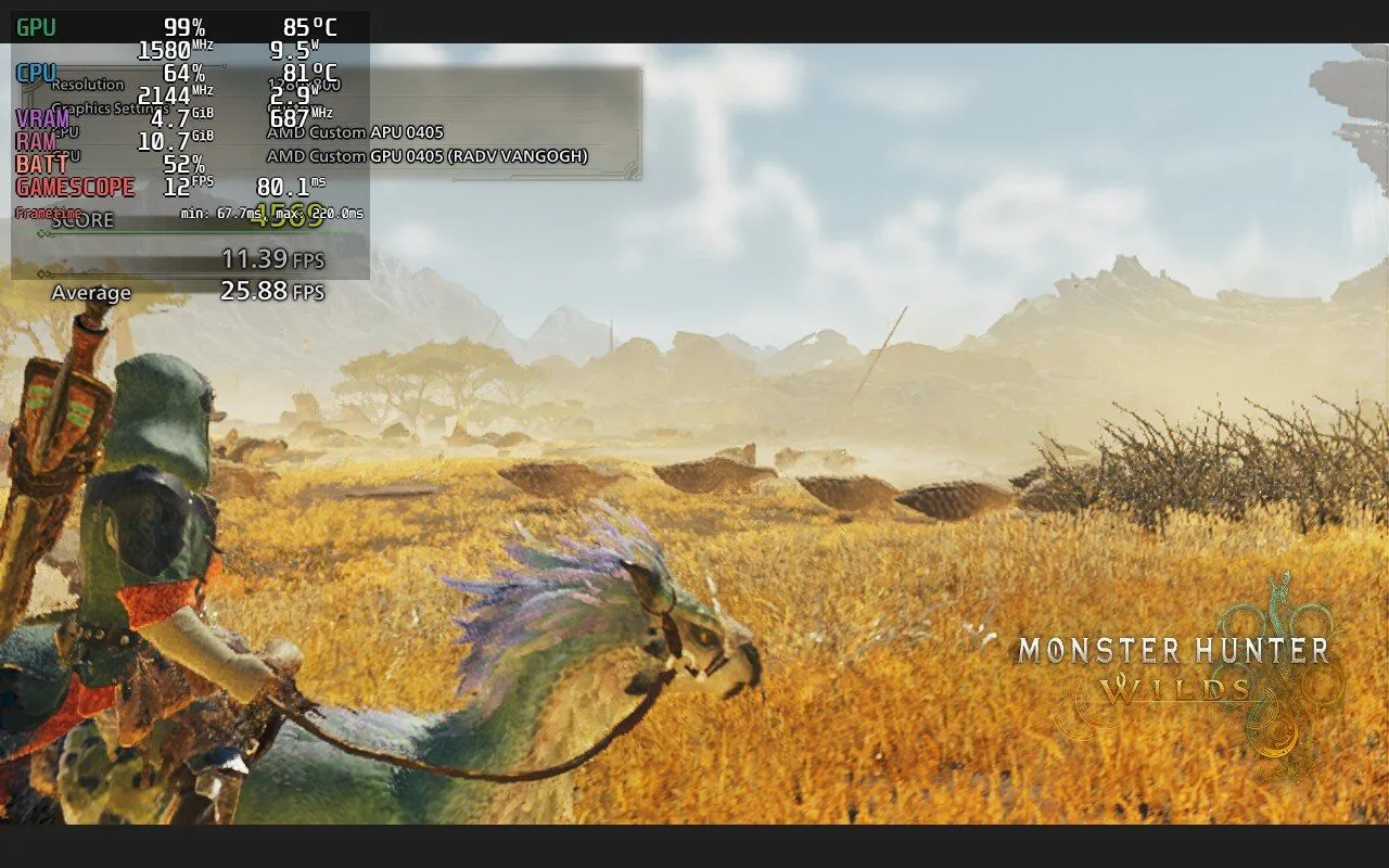 Ảnh chụp cảnh chơi trong benchmark Monster Hunter Wilds trên Steam Deck, cho thấy đồ họa bị làm mờ để tăng hiệu suất.