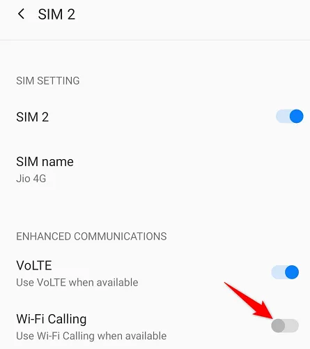 Ảnh chụp màn hình cài đặt trên điện thoại Android, minh họa cách tắt Wi-Fi Calling.