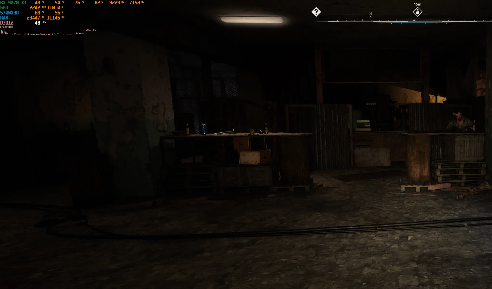 Ảnh chụp màn hình game S.T.A.L.K.E.R. 2 hiển thị hiệu năng trong khu định cư, với chỉ số FPS thấp và mức sử dụng GPU kém, cho thấy đây là một game rất nặng CPU ngay cả với CPU mạnh