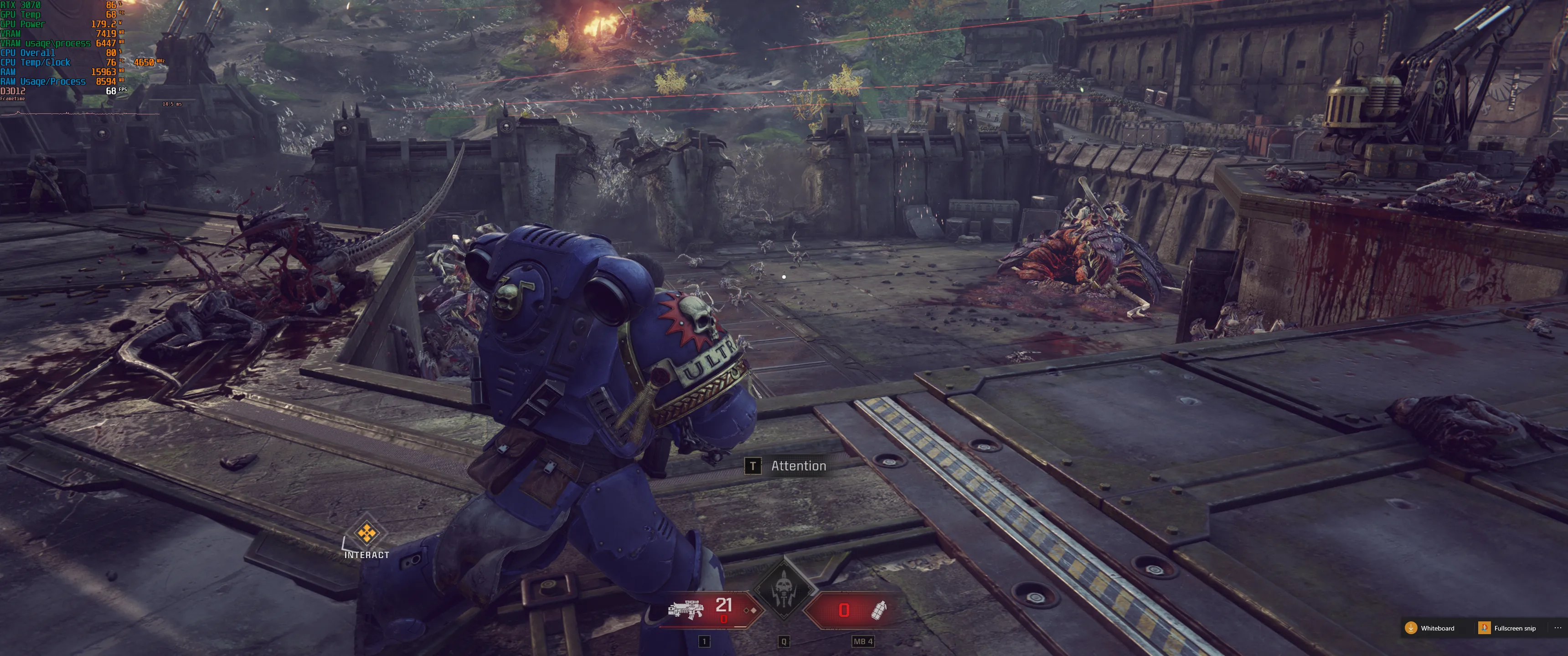 Ảnh chụp màn hình game Warhammer 40K: Space Marine 2 với các chỉ số đo lường hiệu năng, cho thấy mức sử dụng GPU 86% và CPU 80%, minh họa rõ rệt tình trạng nghẽn cổ chai CPU nghiêm trọng