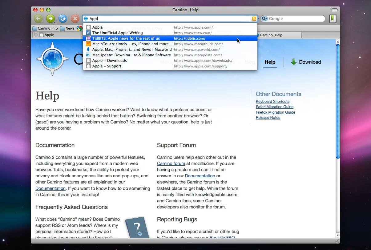 Ảnh chụp màn hình trình duyệt web Camino trên Mac OS X