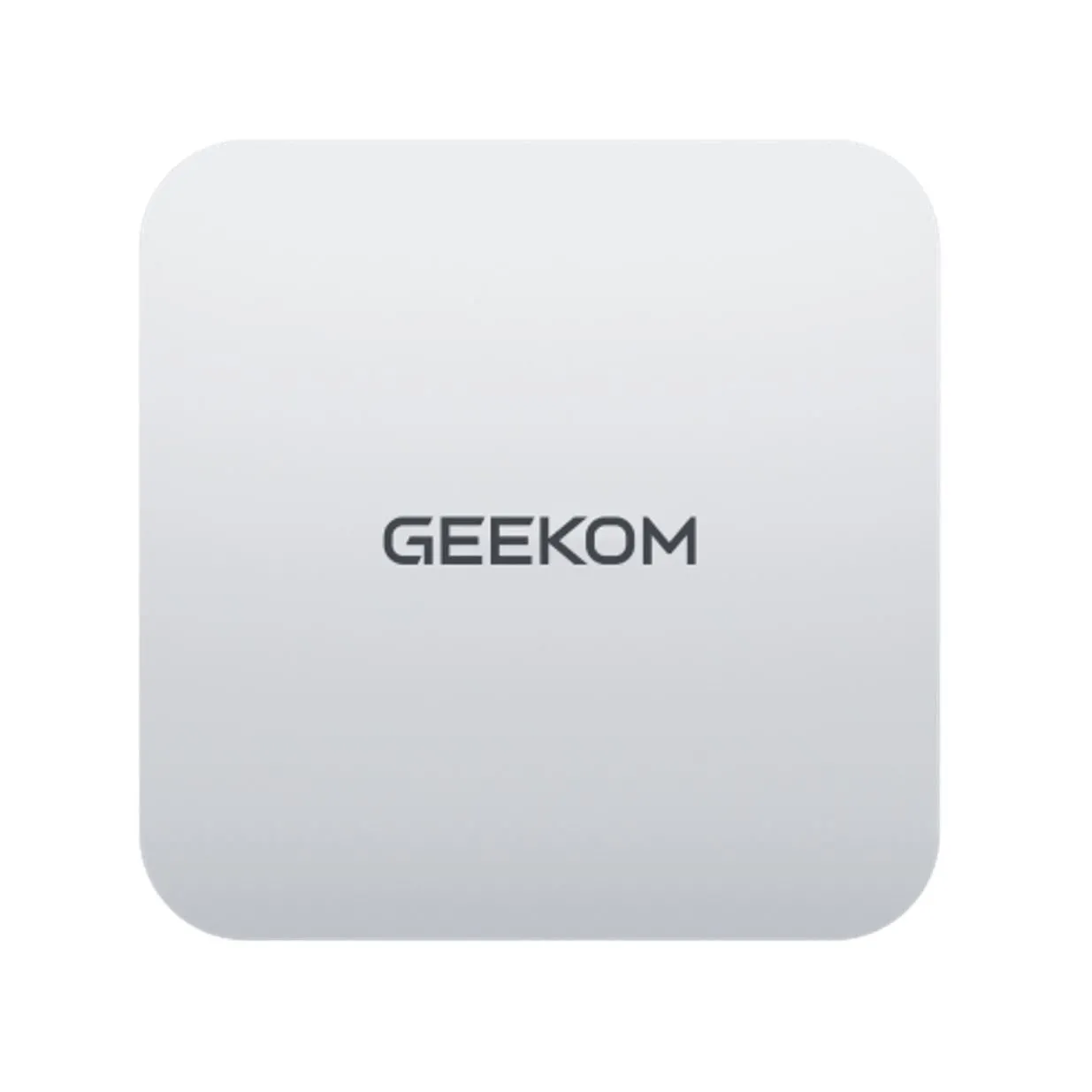 Ảnh chụp từ trên xuống của một chiếc Geekom A6 mini PC màu bạc trên nền trắng, nổi bật thiết kế tối giản