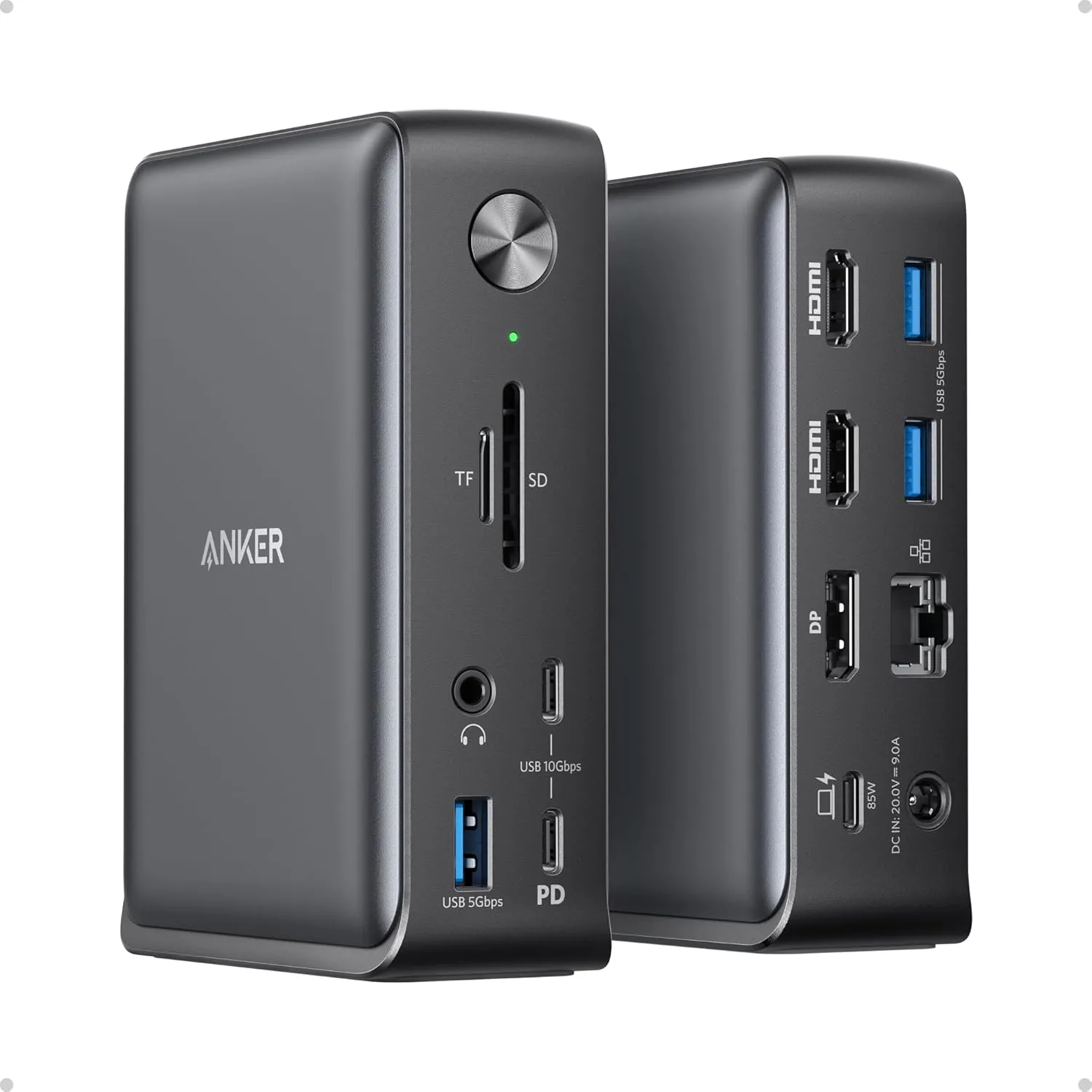 Anker 13-in-1 USB-C Docking Station với thiết kế dọc, hiển thị đầy đủ các cổng kết nối từ HDMI, DisplayPort đến USB-C, USB-A và Ethernet, biến Chromebook thành trạm làm việc chuyên nghiệp.