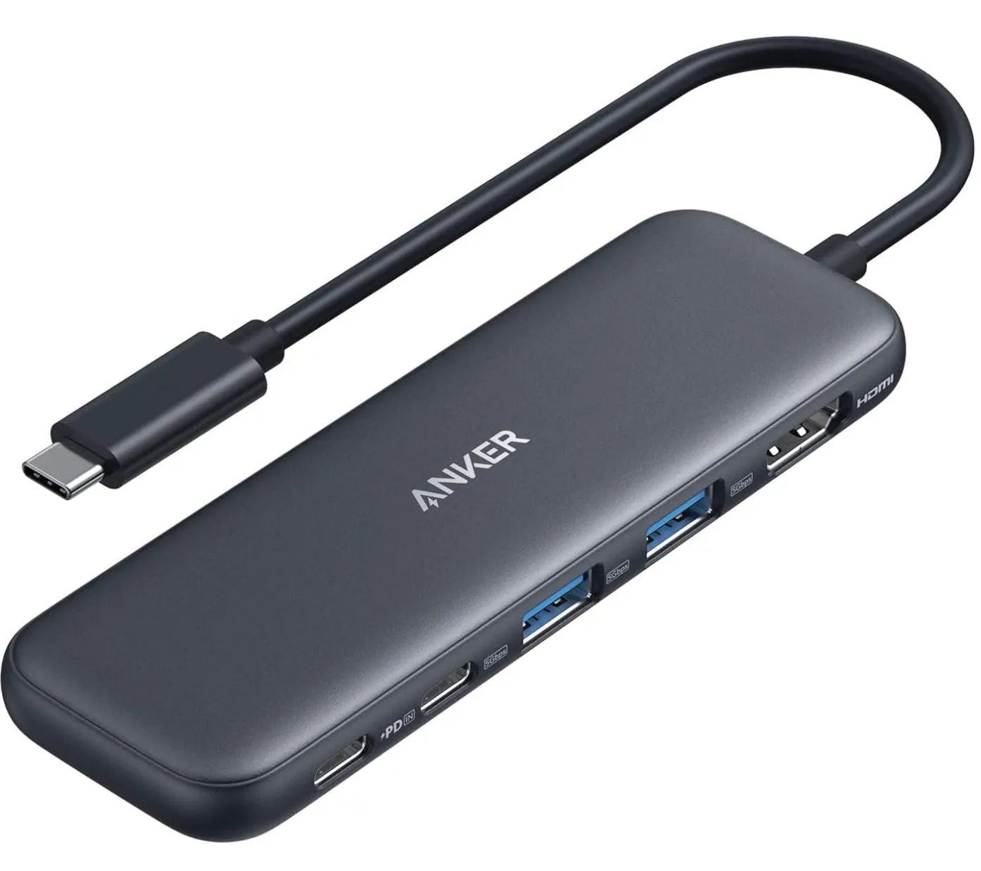 Anker 332 USB-C Hub với 5 cổng kết nối, bao gồm HDMI 4K và USB-C PD, được cắm vào một chiếc laptop, tối ưu cho Chromebook.