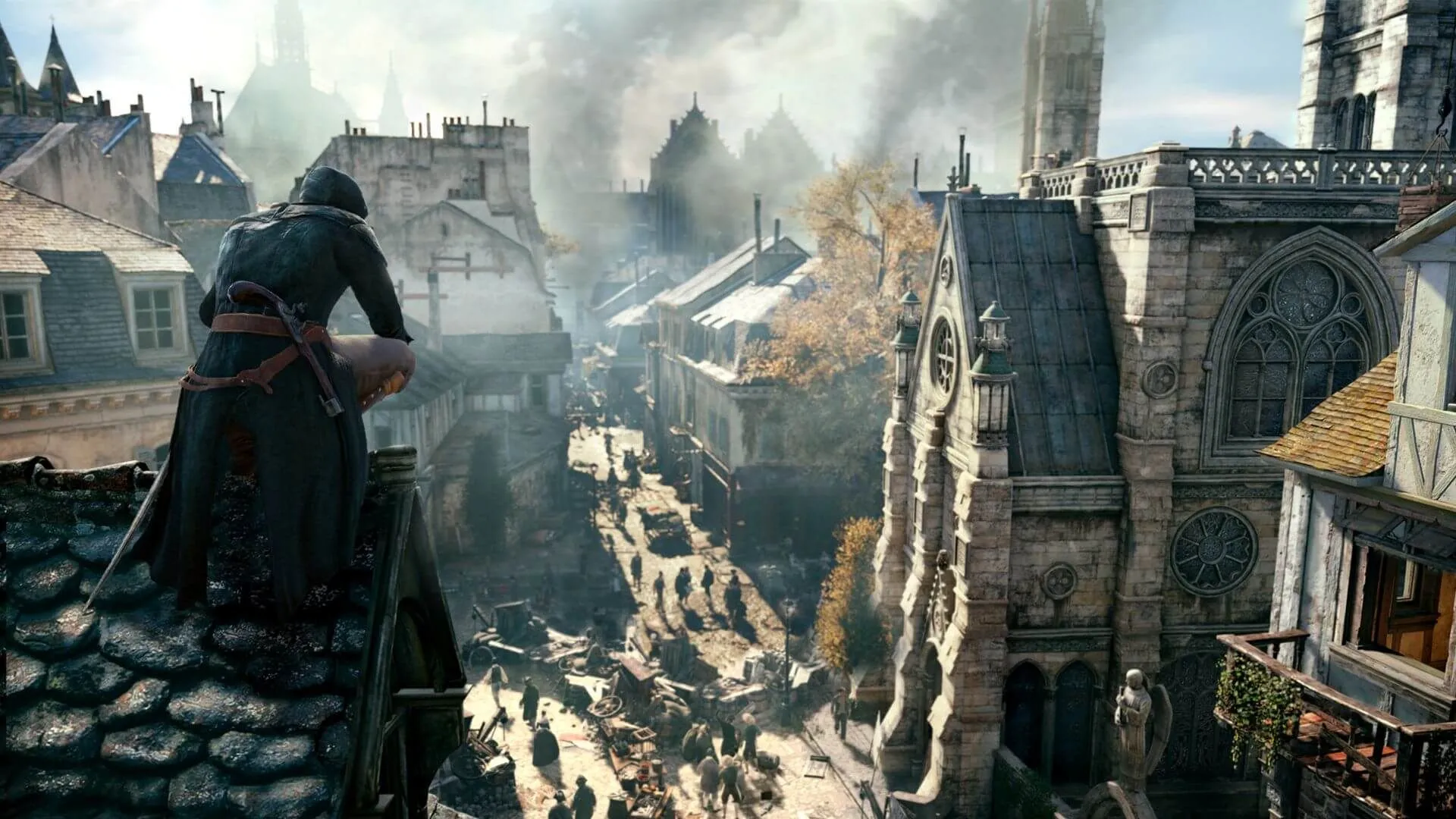 Arno Dorian di chuyển trên nóc nhà Paris, bối cảnh Cách mạng Pháp trong Assassin's Creed Unity