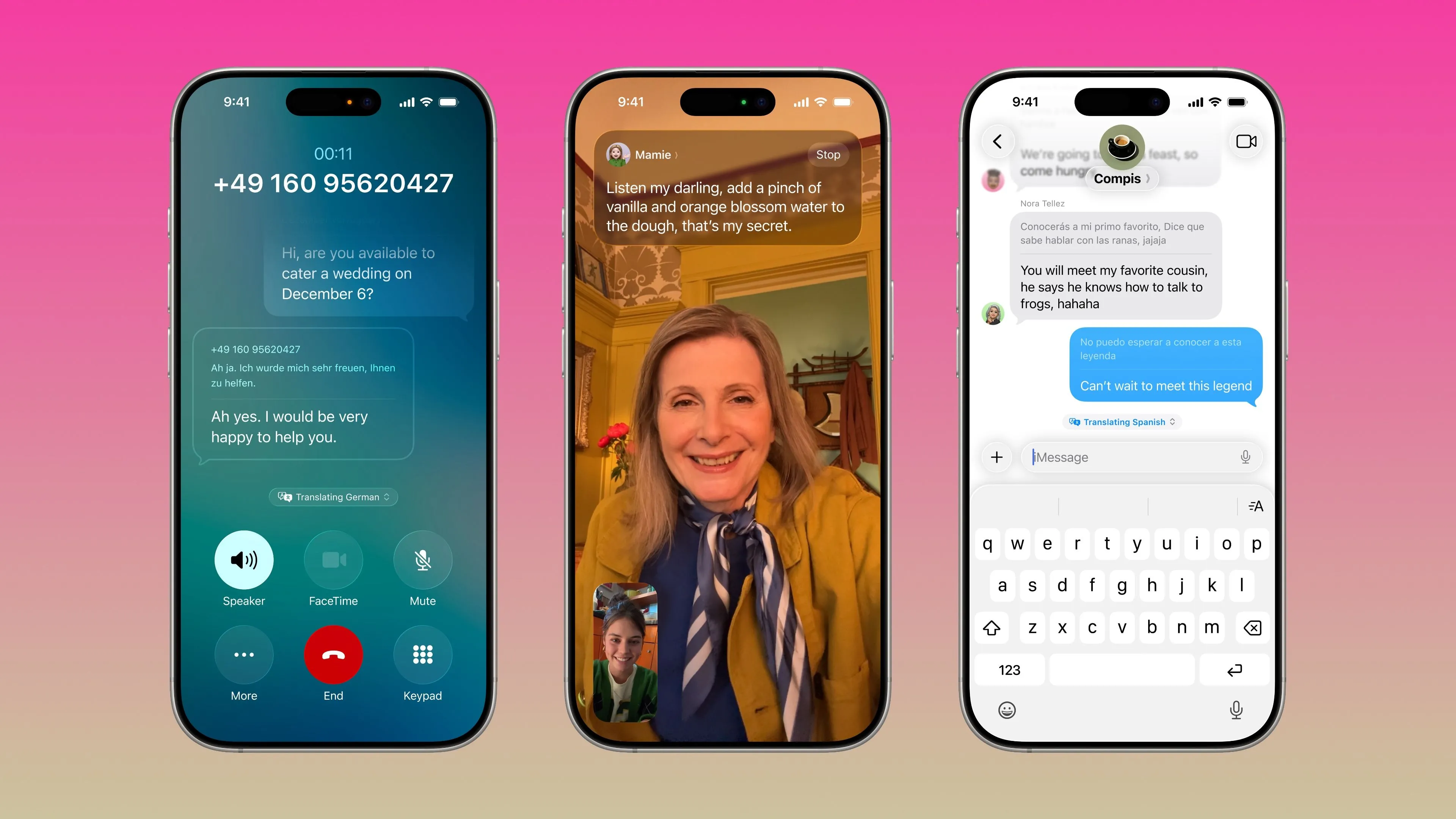 Ba chiếc iPhone hiển thị tính năng dịch trực tiếp trong các ứng dụng Điện thoại, FaceTime và Tin nhắn trên iOS 26.