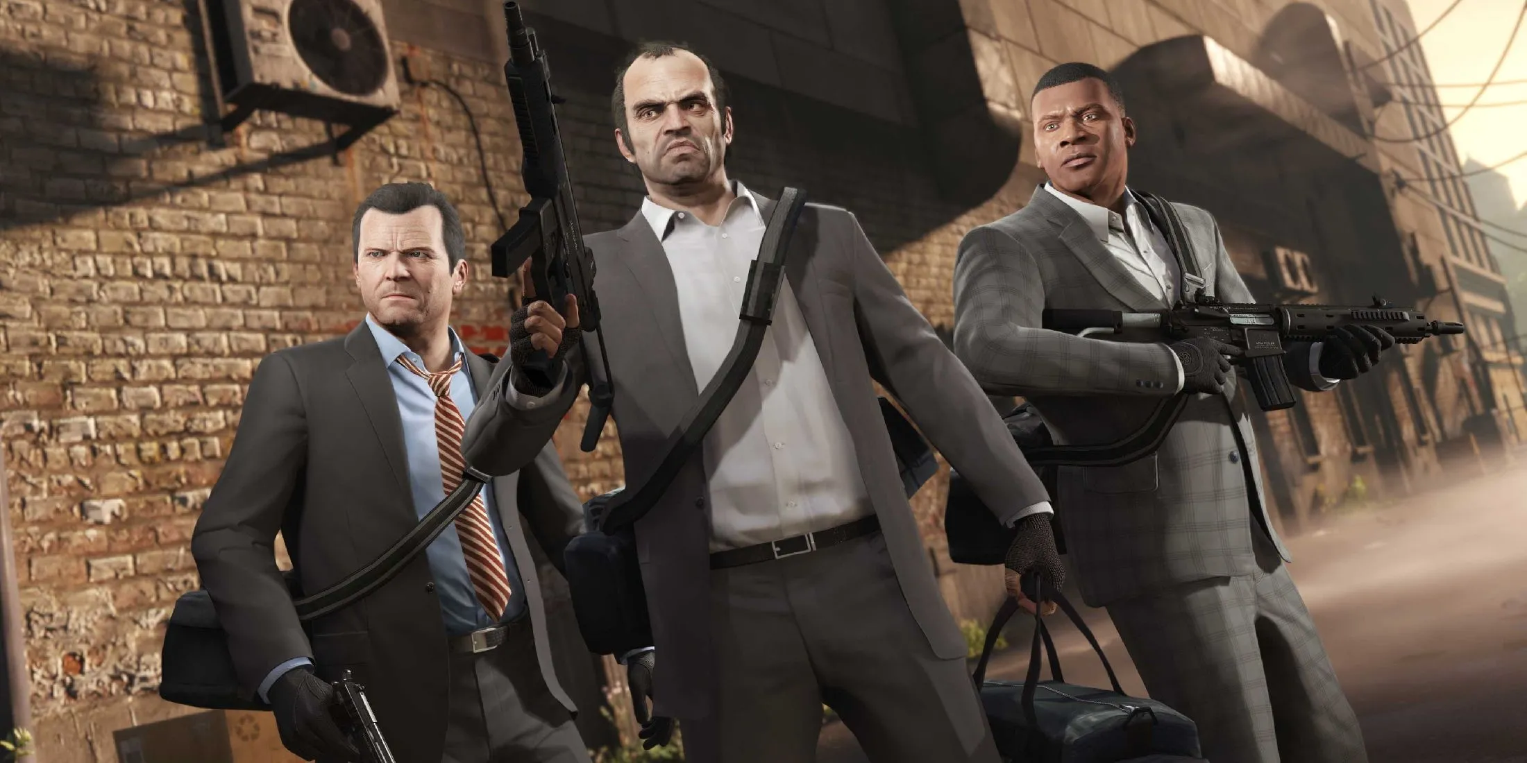 Ba nhân vật chính của Grand Theft Auto V: Michael, Trevor và Franklin trong một cảnh quay đặc trưng