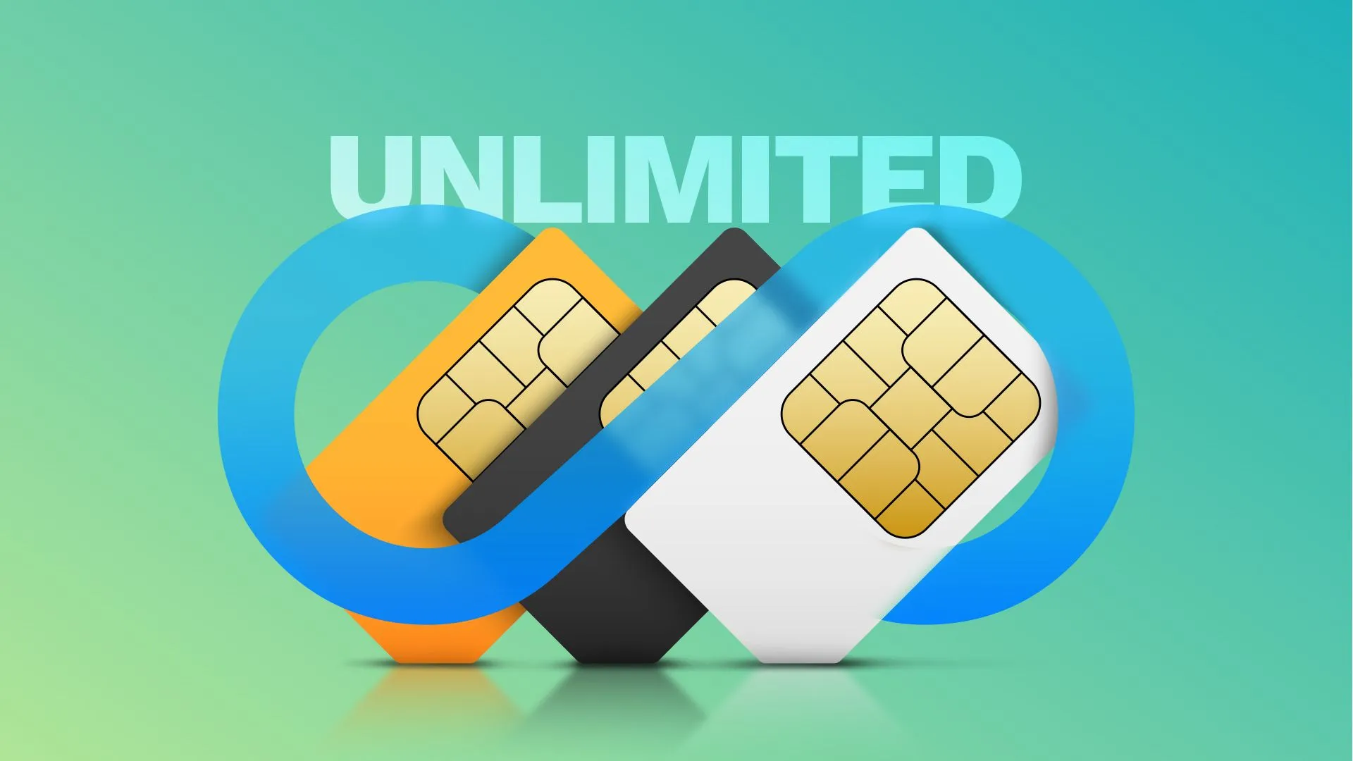 Ba thẻ SIM xếp cạnh nhau với biểu tượng vô cực, tượng trưng cho gói dữ liệu không giới hạn, một ý tưởng hấp dẫn cho Wi-Fi trên ô tô.