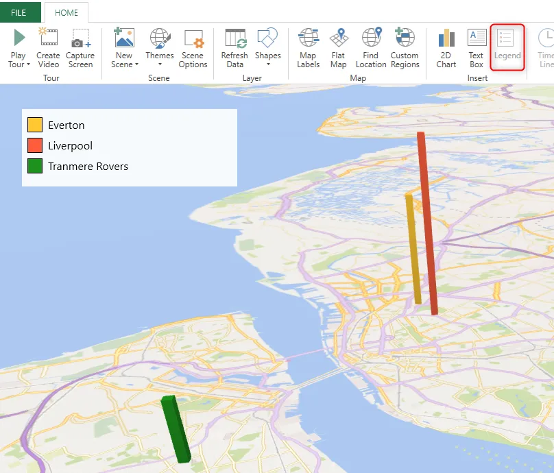 Bản đồ 3D trong Excel hiển thị các sân vận động bóng đá ở Merseyside, Vương quốc Anh, với chú giải chi tiết tên các đội.