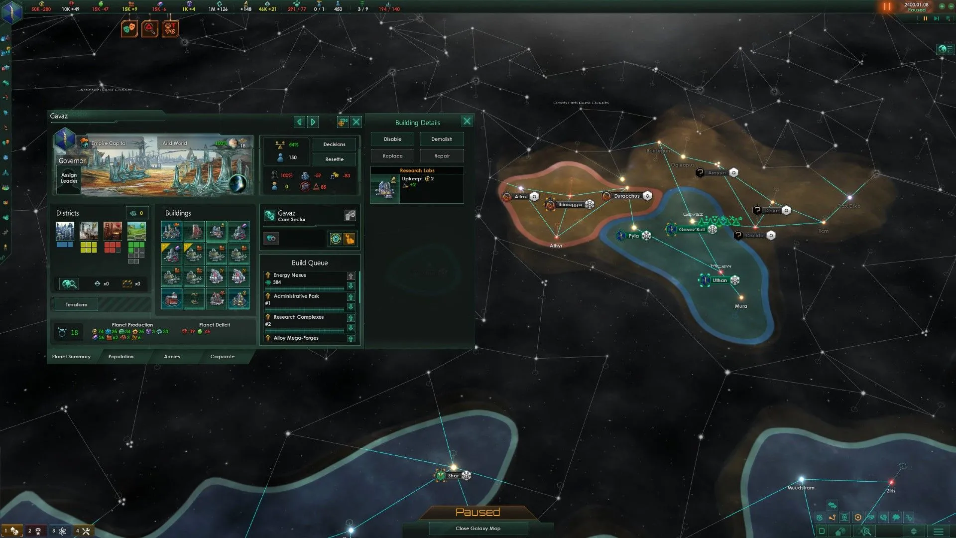 Bản đồ thiên hà rộng lớn hiển thị các đế chế trong game chiến lược Stellaris