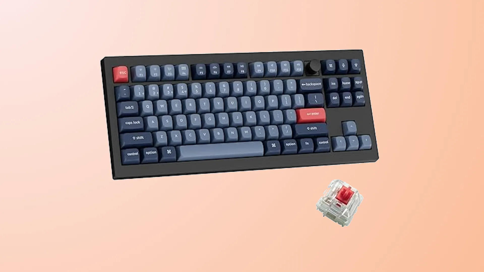 Bàn phím Keychron V3 Max TKL màu đen với các phím màu trắng và xám, đèn RGB và núm xoay