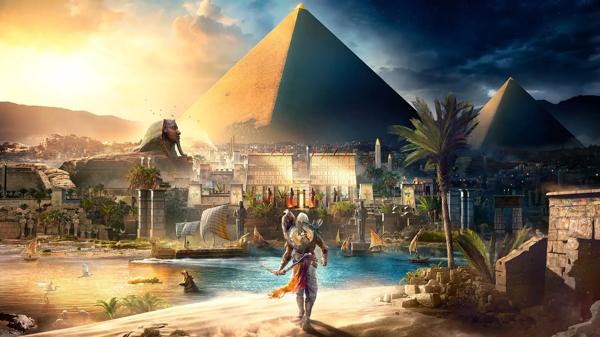Bayek of Siwa cưỡi lạc đà qua sa mạc Ai Cập cổ đại trong Assassin's Creed Origins