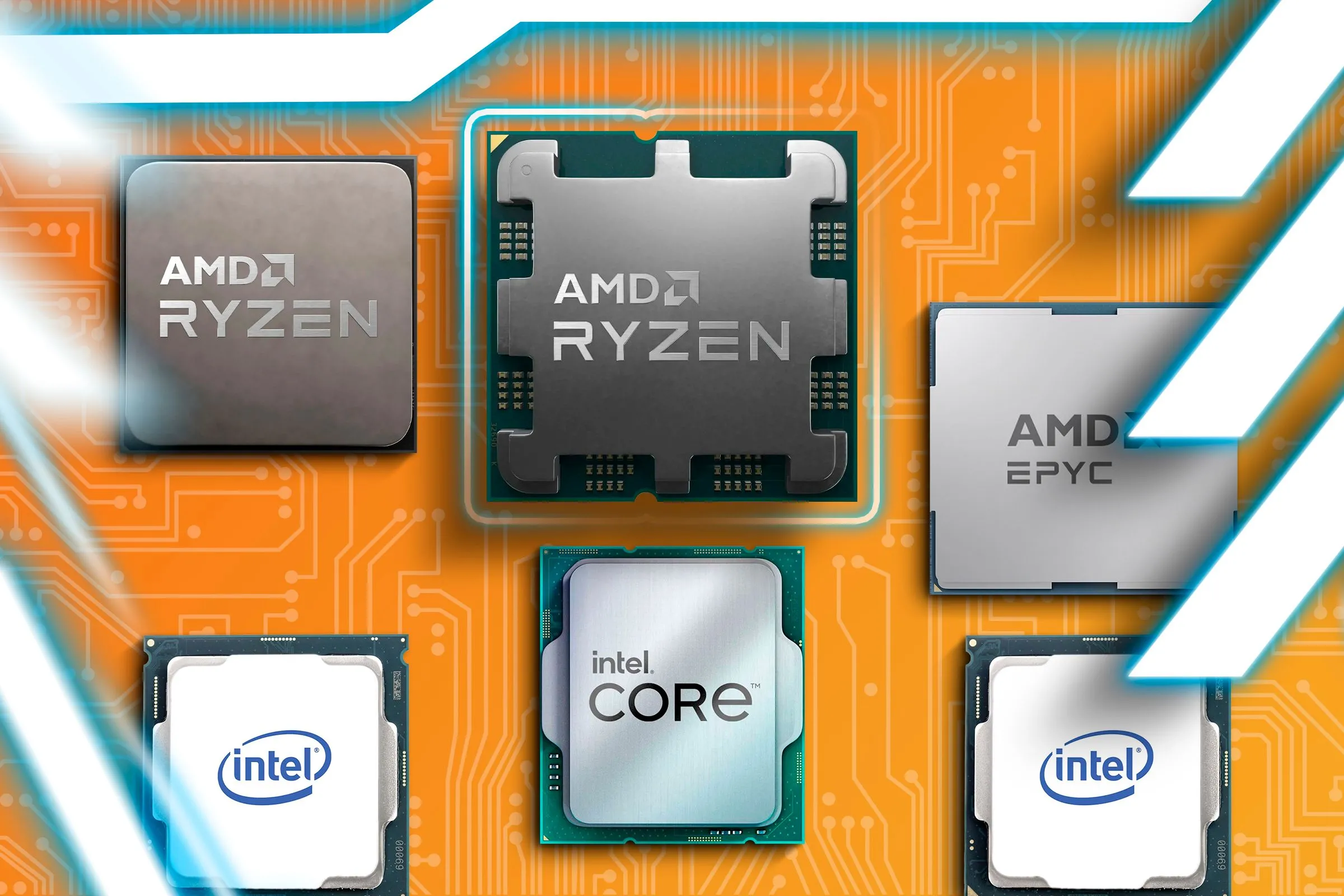 Bề mặt có một số CPU Intel và AMD cùng với các mạch điện tử ở phía sau.